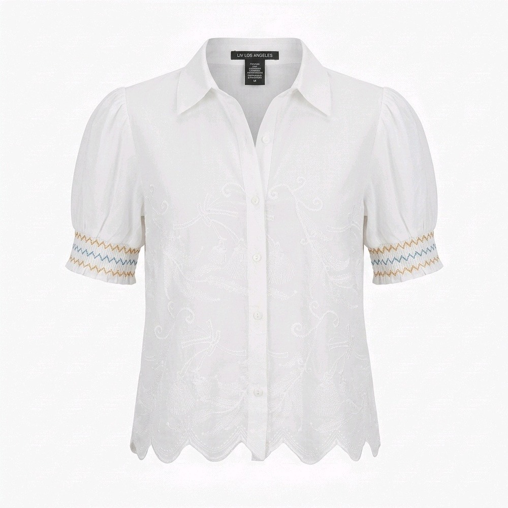 Liv Los Angeles White Embroidered Scallop Hem Puff Sleeve Blouse
